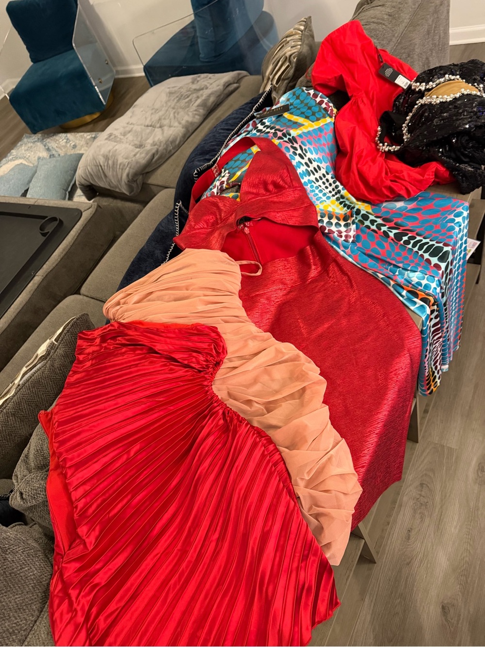 Lot of 6 Dresses- Fashion Nova Red and Peach Pleated Two-Tone Maxi Dress- Size L